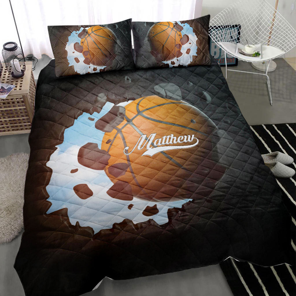 Personalized Basketball Quilt Bedding Set, Basketball Ball 3D Printed Quilt Blanket With Pillowcases, Custom Name and Number Duvet Cover Set