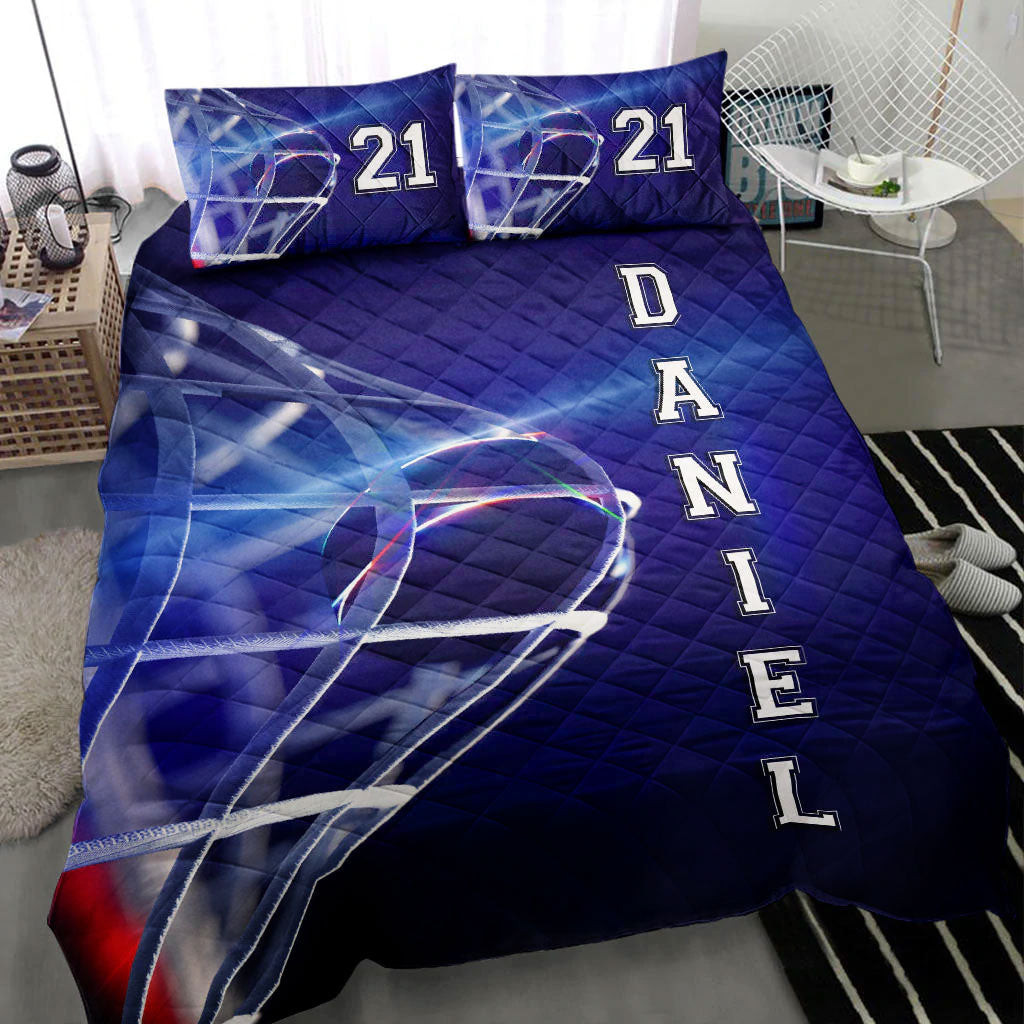 Personalized Hockey Quilt Bedding Set, Hockey Moment Blue Quilt Blanket With Pillowcases, Custom Name and Number Duvet Cover Set