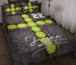 Personalized Softball Quilt Bedding Set, Softball Cross Ball Perfect Quilt Blanket With Pillowcases, Custom Name and Number Duvet Cover Set