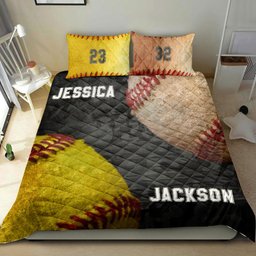 Personalized Softball Quilt Bedding Set, Baseball Softball Black Quilt Blanket With Pillowcases, Custom Name and Number Duvet Cover Set