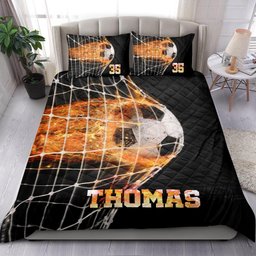 Personalized Soccer Quilt Bedding Set, Fire Soccer Ball In Net Black Quilt Blanket With Pillowcases, Custom Name and Number Duvet Cover Set