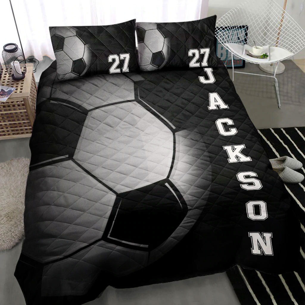 Personalized Soccer Quilt Bedding Set, Soccer Ball 3D Printed Black Quilt Blanket With Pillowcases, Custom Name and Number Duvet Cover Set