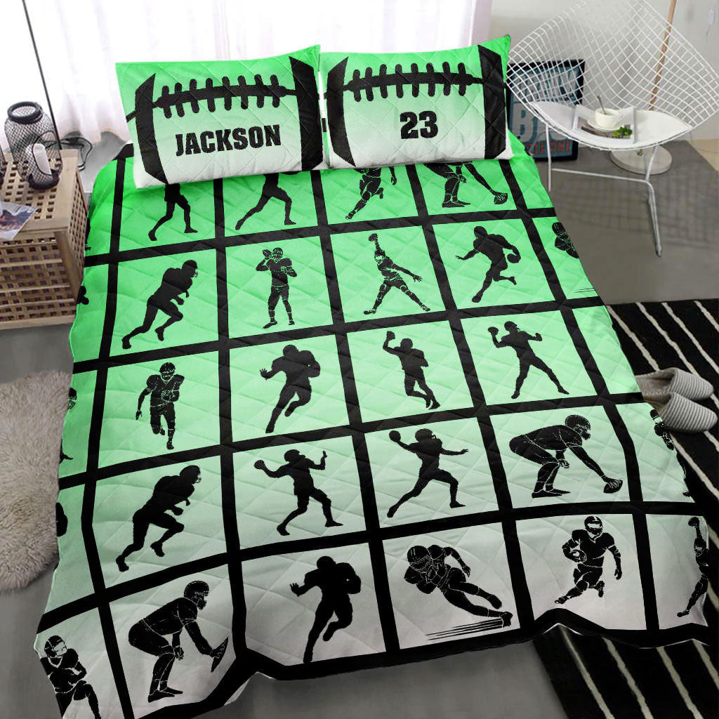 Personalized Football Quilt Bedding Set, America Football Pose Green Quilt Blanket With Pillowcases, Custom Name and Number Duvet Cover Set