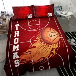 Personalized Basketball Quilt Bedding Set, Basketball Court Red Fire Ball Quilt Blanket With Pillowcases, Custom Name and Number Duvet Cover Set