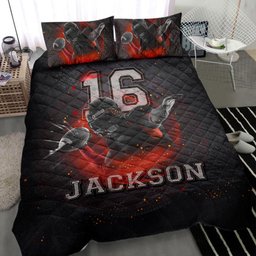 Personalized Football Quilt Bedding Set, Football Power Red Black Quilt Blanket With Pillowcases, Custom Name and Number Duvet Cover Set