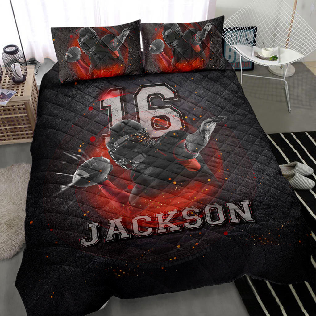Personalized Football Quilt Bedding Set, Football Power Red Black Quilt Blanket With Pillowcases, Custom Name and Number Duvet Cover Set