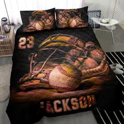 Personalized Baseball Quilt Bedding Set, Baseball Ball Helmet Quilt Blanket With Pillowcases, Custom Name and Number Duvet Cover Set, Sports Gifts