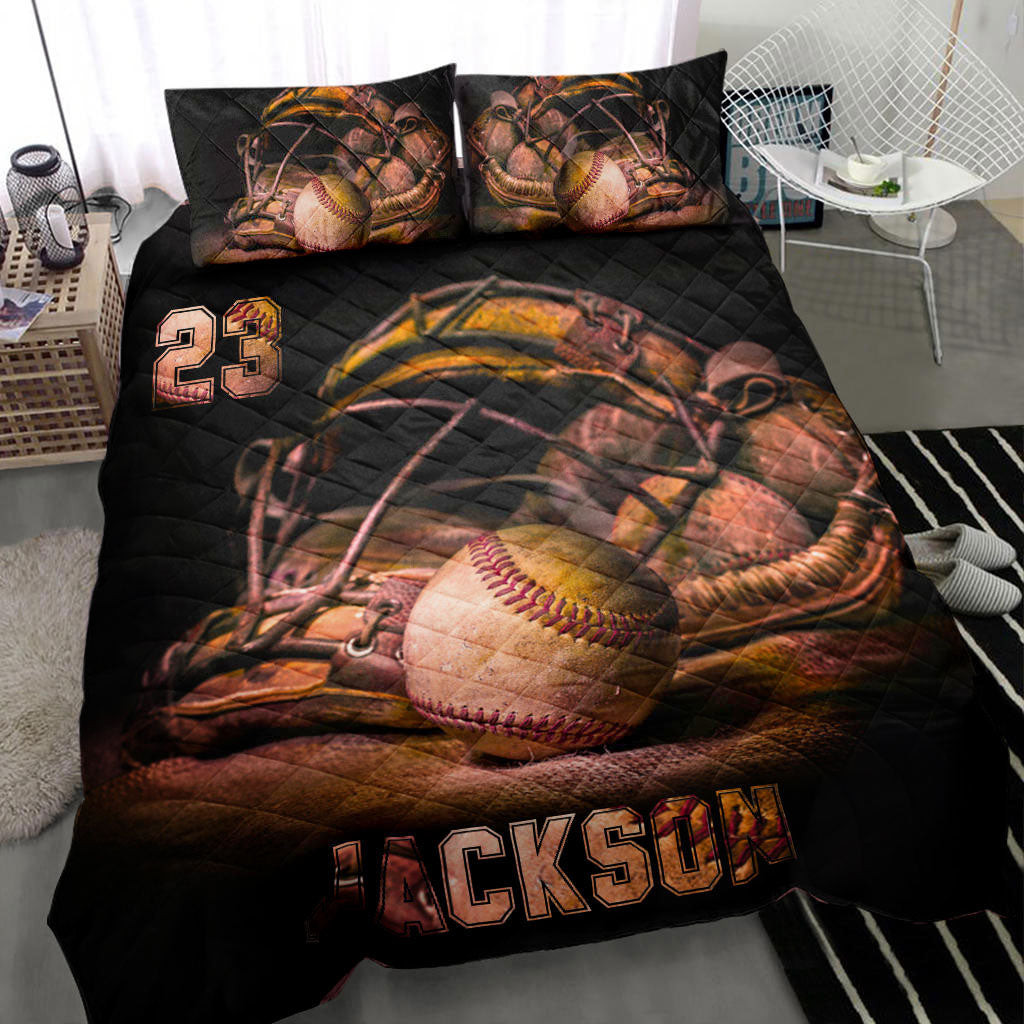 Personalized Baseball Quilt Bedding Set, Baseball Ball Helmet Quilt Blanket With Pillowcases, Custom Name and Number Duvet Cover Set, Sports Gifts