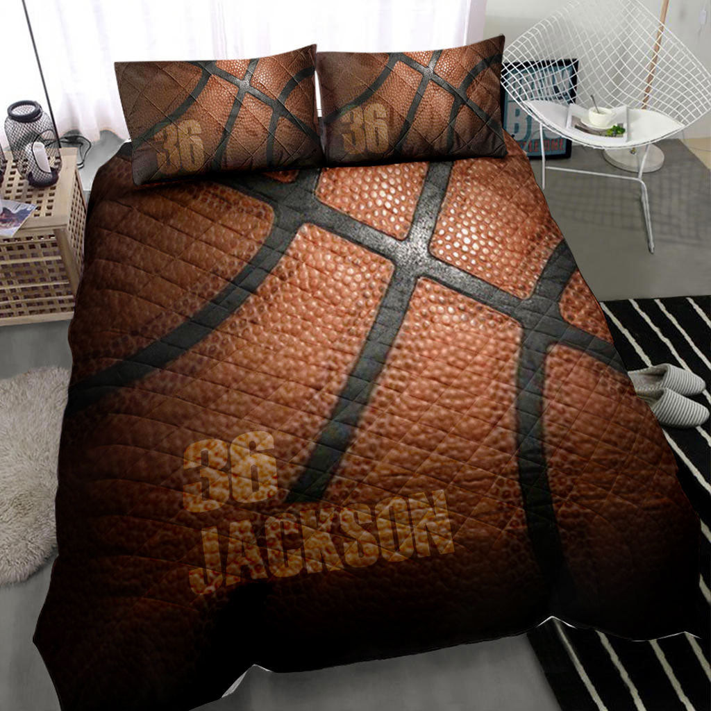 Personalized Basketball Quilt Bedding Set, Basketball 3D Quilt Blanket With Pillowcases, Custom Name and Number Duvet Cover Set