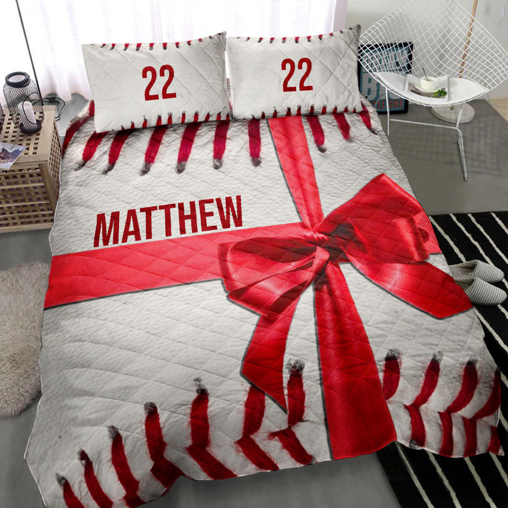 Personalized Baseball Quilt Bedding Set, Baseball Red White Player Quilt Blanket With Pillowcases, Custom Name and Number Duvet Cover Set, Sports Gifts