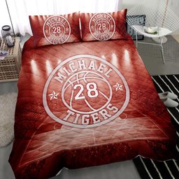 Personalized Basketball Quilt Bedding Set, Basketball Court Field Red Quilt Blanket With Pillowcases, Custom Name and Number Duvet Cover Set