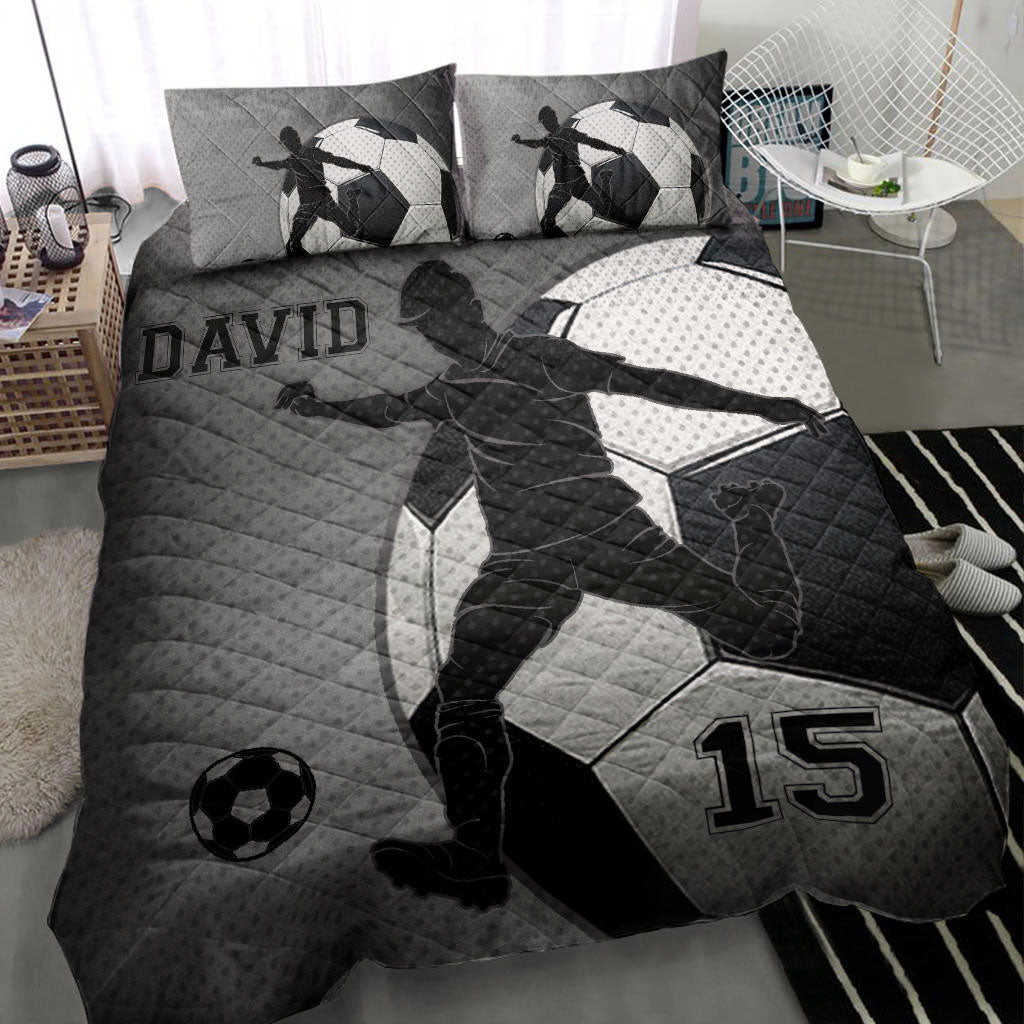 Personalized Soccer Quilt Bedding Set, Soccer Boy Ball Classic Black Quilt Blanket With Pillowcases, Custom Name and Number Duvet Cover Set