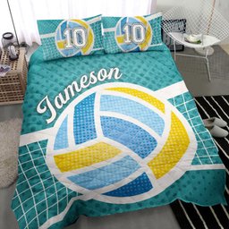 Personalized Volleyball Quilt Bedding Set, Volleyball Ball Turquoise Quilt Blanket With Pillowcases, Custom Name and Number Duvet Cover Set