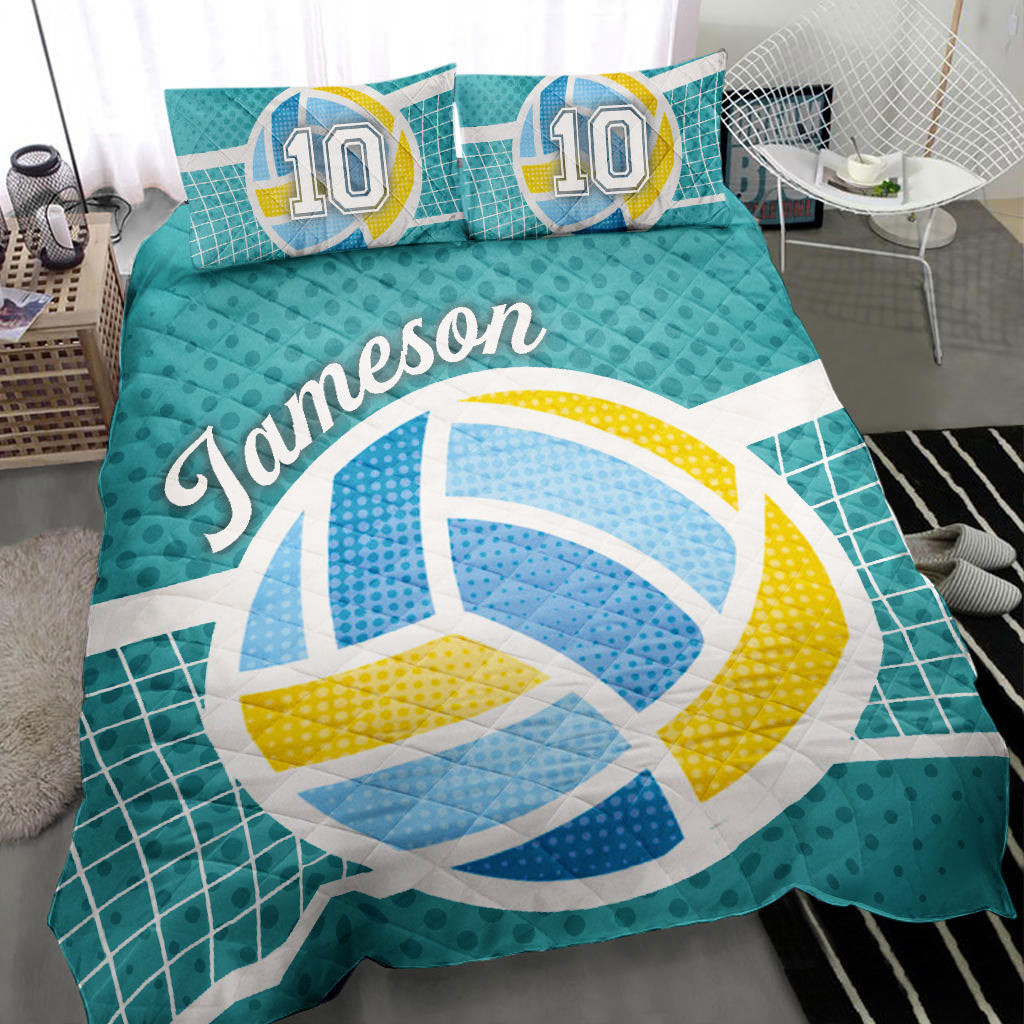 Personalized Volleyball Quilt Bedding Set, Volleyball Ball Turquoise Quilt Blanket With Pillowcases, Custom Name and Number Duvet Cover Set