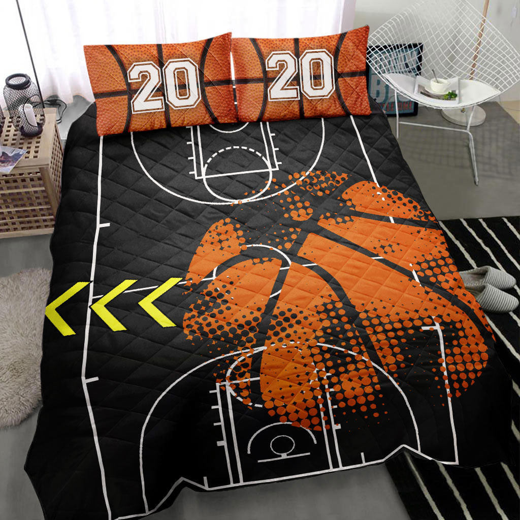 Personalized Basketball Quilt Bedding Set, Basketball Field Ball Black Quilt Blanket With Pillowcases, Custom Number Duvet Cover Set