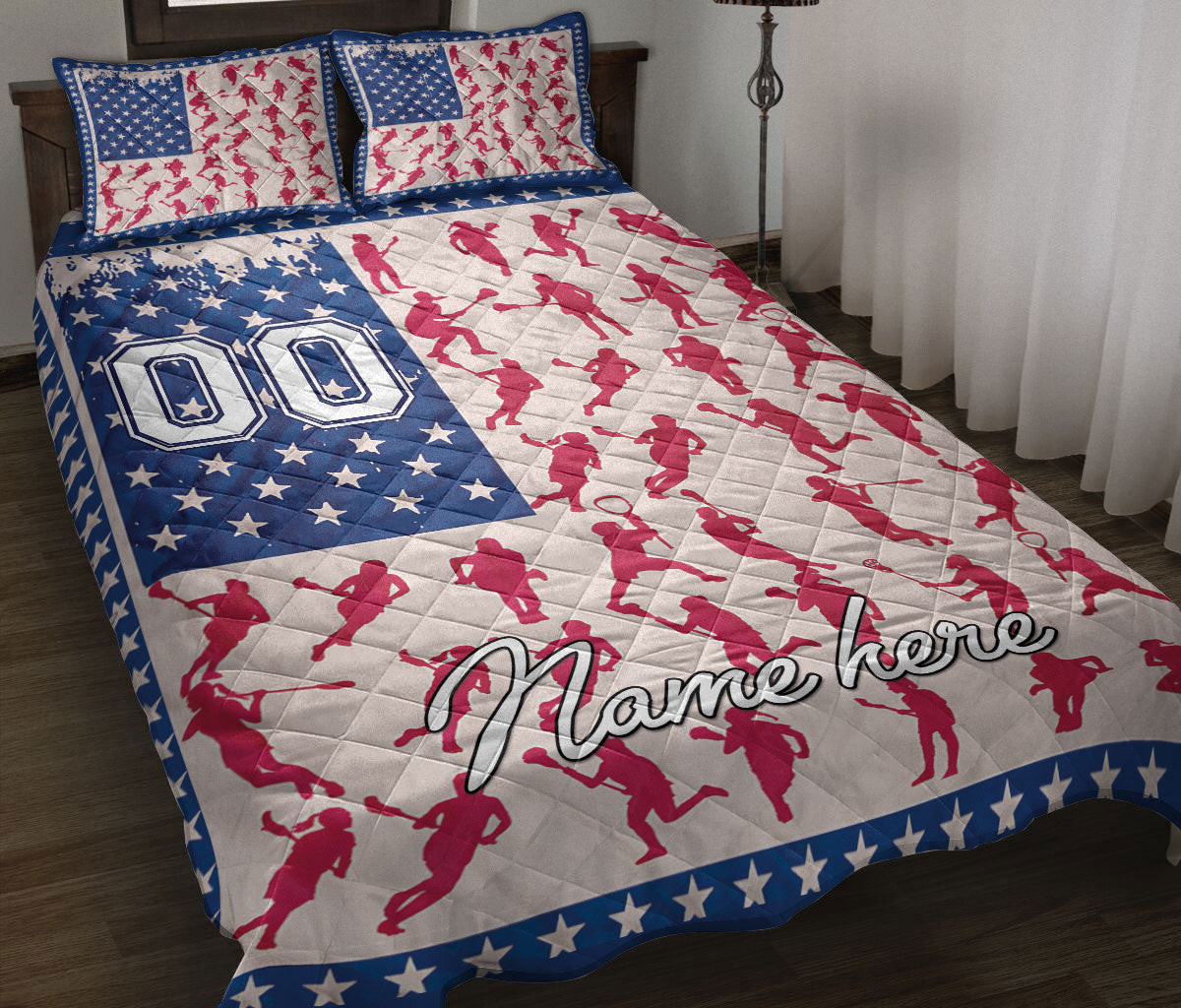 Personalized Lacrosse Quilt Bedding Set, Lacrosse Girl Posing US Flag Quilt Blanket With Pillowcases, Custom Name and Number Duvet Cover Set