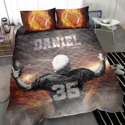 Personalized Football Quilt Bedding Set, America Football Winner Fire Quilt Blanket With Pillowcases, Custom Name and Number Duvet Cover Set