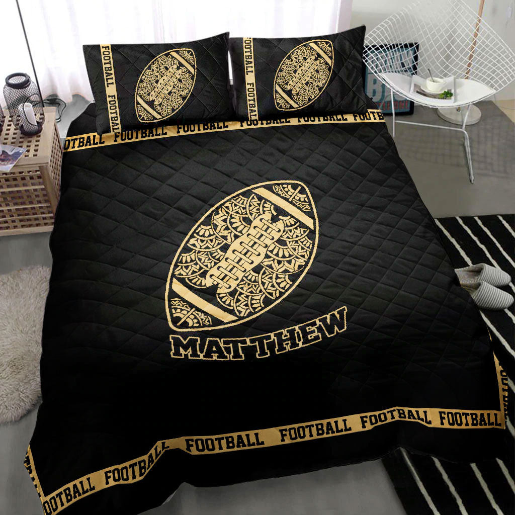 Personalized Football Quilt Bedding Set, Football Ball Mandala Black Quilt Blanket With Pillowcases, Custom Name and Number Duvet Cover Set