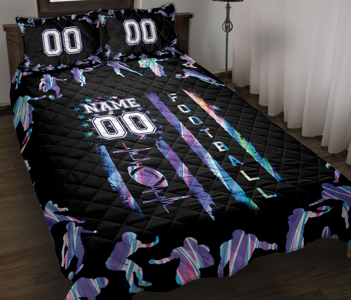 Personalized Football Quilt Bedding Set, Black Hologram Football Quilt Blanket With Pillowcases, Custom Name and Number Duvet Cover Set