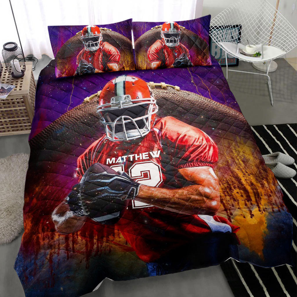 Personalized Football Quilt Bedding Set, America Football Player 3D Print Quilt Blanket With Pillowcases, Custom Name and Number Duvet Cover Set