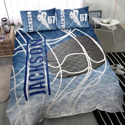 Personalized Hockey Quilt Bedding Set, Ice Hockey Puck Blue White Quilt Blanket With Pillowcases, Custom Name and Number Duvet Cover Set