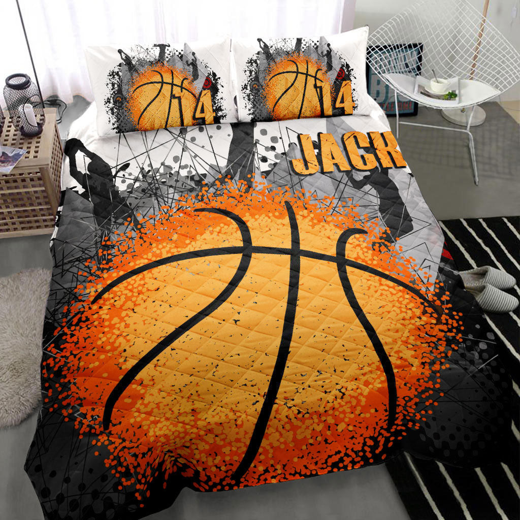 Personalized Basketball Quilt Bedding Set, Basketball Ball Splash Black Quilt Blanket With Pillowcases, Custom Name and Number Duvet Cover Set