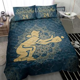 Personalized Softball Quilt Bedding Set, Softball Girl Mandala Quilt Blanket With Pillowcases, Custom Name and Number Duvet Cover Set