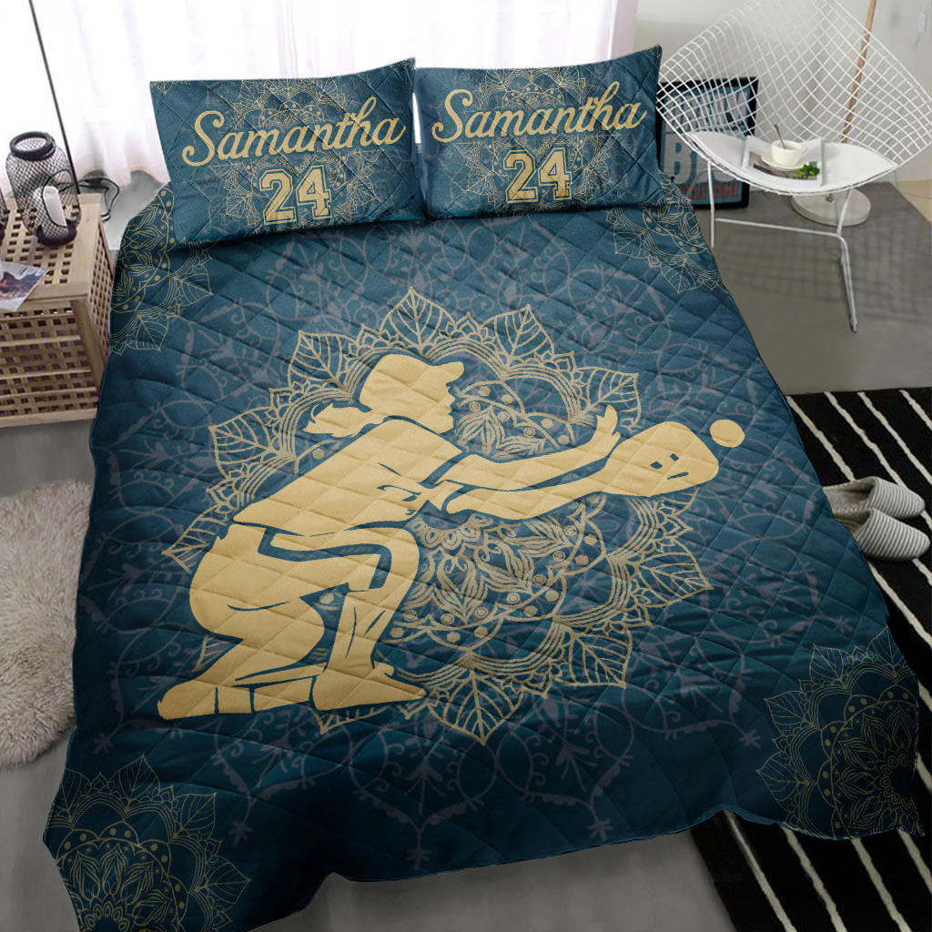 Personalized Softball Quilt Bedding Set, Softball Girl Mandala Quilt Blanket With Pillowcases, Custom Name and Number Duvet Cover Set