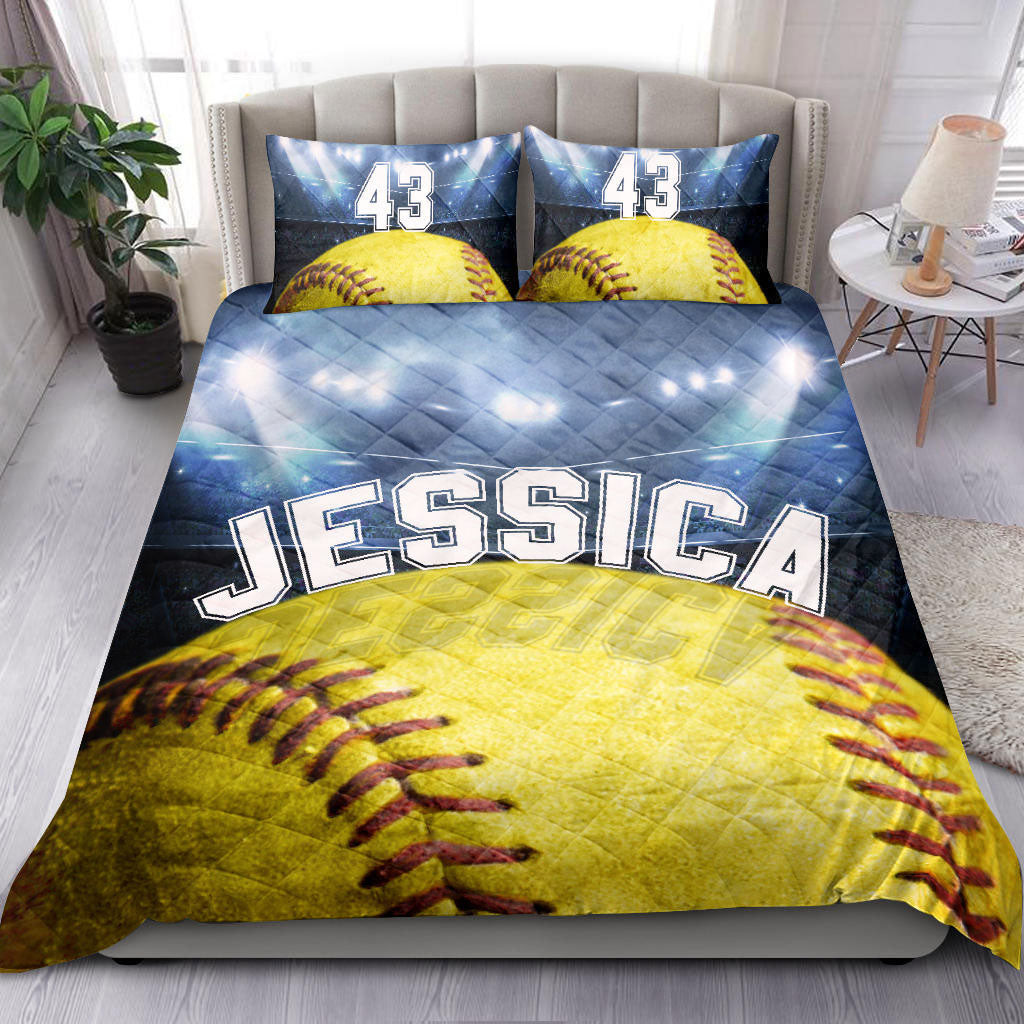 Personalized Softball Quilt Bedding Set, Softball Ball Stadium Blue Quilt Blanket With Pillowcases, Custom Name and Number Duvet Cover Set