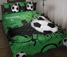Personalized Soccer Quilt Bedding Set, Soccer Green With Balls Quilt Blanket With Pillowcases, Custom Name and Number Duvet Cover Set