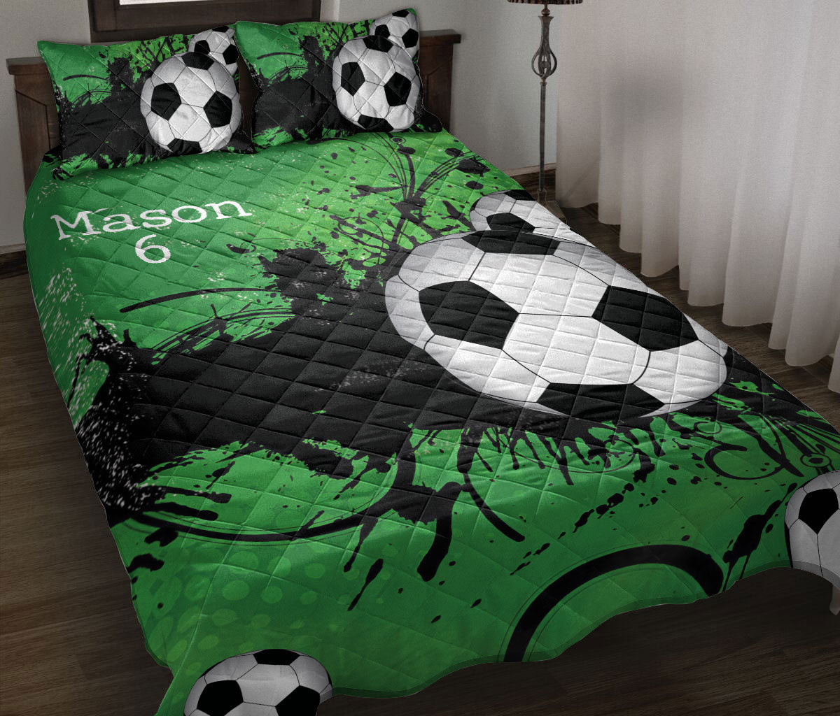 Personalized Soccer Quilt Bedding Set, Soccer Green With Balls Quilt Blanket With Pillowcases, Custom Name and Number Duvet Cover Set