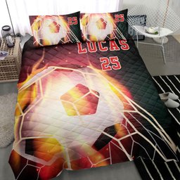 Personalized Soccer Quilt Bedding Set, Soccer Fire Ball Black Quilt Blanket With Pillowcases, Custom Name and Number Duvet Cover Set