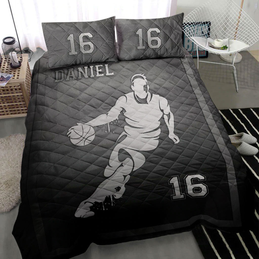 Personalized Basketball Quilt Bedding Set, Basketball Frame Grey Black Quilt Blanket With Pillowcases, Custom Name and Number Duvet Cover Set