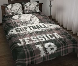 Personalized Softball Quilt Bedding Set, Softball Grey Plaid Player Quilt Blanket With Pillowcases, Custom Name and Number Duvet Cover Set