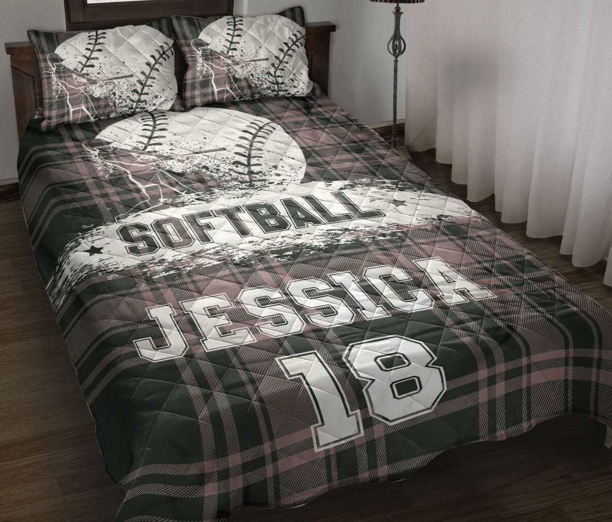 Personalized Softball Quilt Bedding Set, Softball Grey Plaid Player Quilt Blanket With Pillowcases, Custom Name and Number Duvet Cover Set