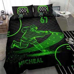 Personalized Hockey Quilt Bedding Set, Ice Hockey Neon Green Black Quilt Blanket With Pillowcases, Custom Name and Number Duvet Cover Set