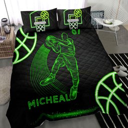 Personalized Basketball Quilt Bedding Set, Basketball Boy Neon Green Quilt Blanket With Pillowcases, Custom Name and Number Duvet Cover Set