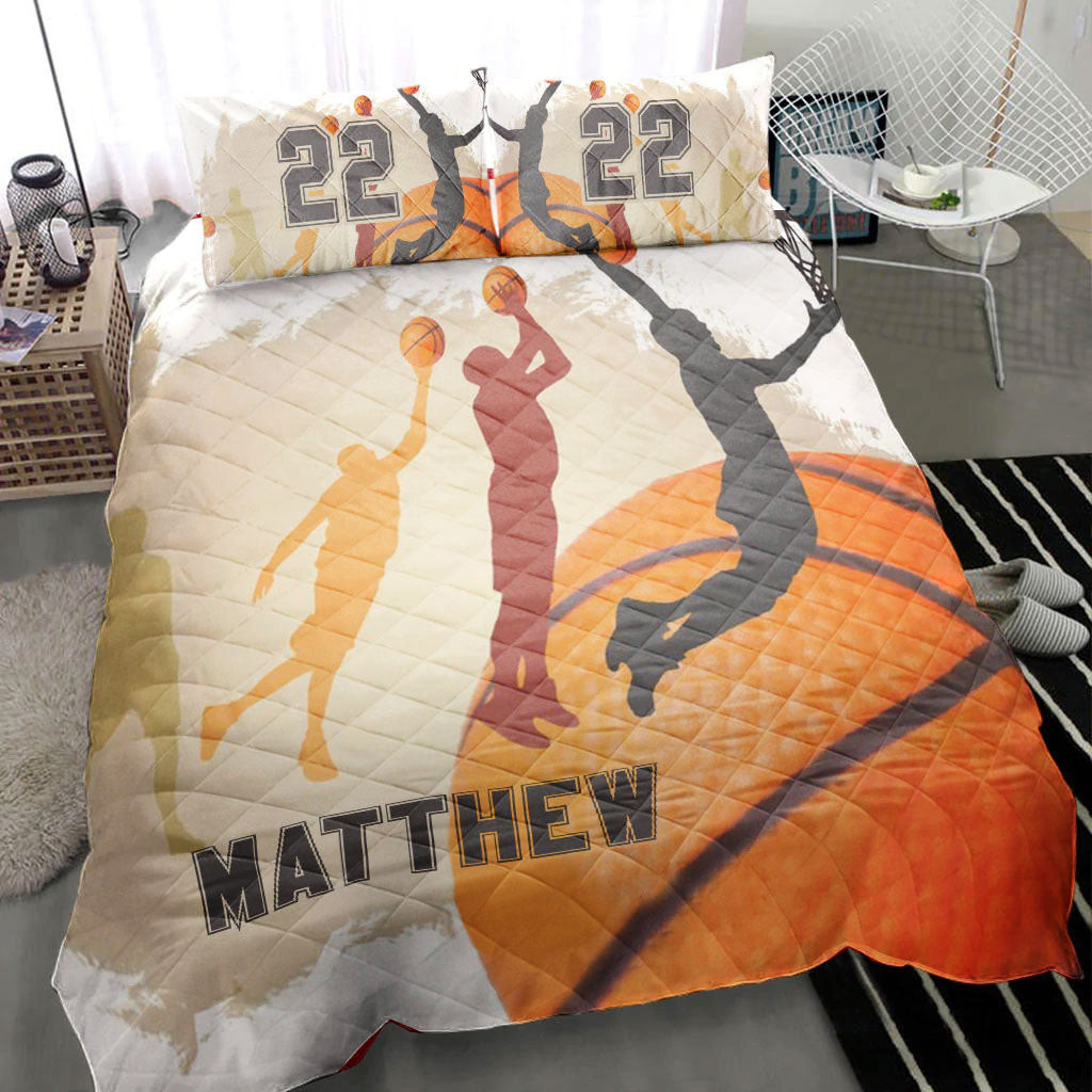 Personalized Basketball Quilt Bedding Set, Basketball Boy Retro Quilt Blanket With Pillowcases, Custom Name and Number Duvet Cover Set
