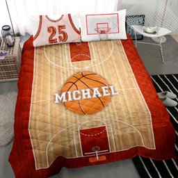 Personalized Basketball Quilt Bedding Set, Basketball Court Field 3D Quilt Blanket With Pillowcases, Custom Name and Number Duvet Cover Set