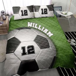 Personalized Soccer Quilt Bedding Set, Soccer Ball Pitch Green Quilt Blanket With Pillowcases, Custom Name and Number Duvet Cover Set