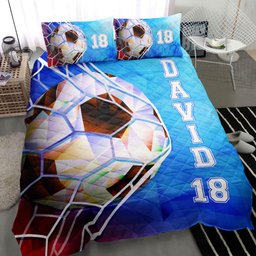 Personalized Soccer Quilt Bedding Set, Soccer Blue Geometric Quilt Blanket With Pillowcases, Custom Name and Number Duvet Cover Set