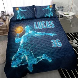 Personalized Basketball Quilt Bedding Set, Basketball Boy Digital Blue Quilt Blanket With Pillowcases, Custom Name and Number Duvet Cover Set