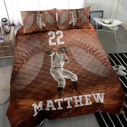 Personalized Baseball Quilt Bedding Set, Baseball Ball Batter Posing Quilt Blanket With Pillowcases, Custom Name and Number Duvet Cover Set, Sports Gifts