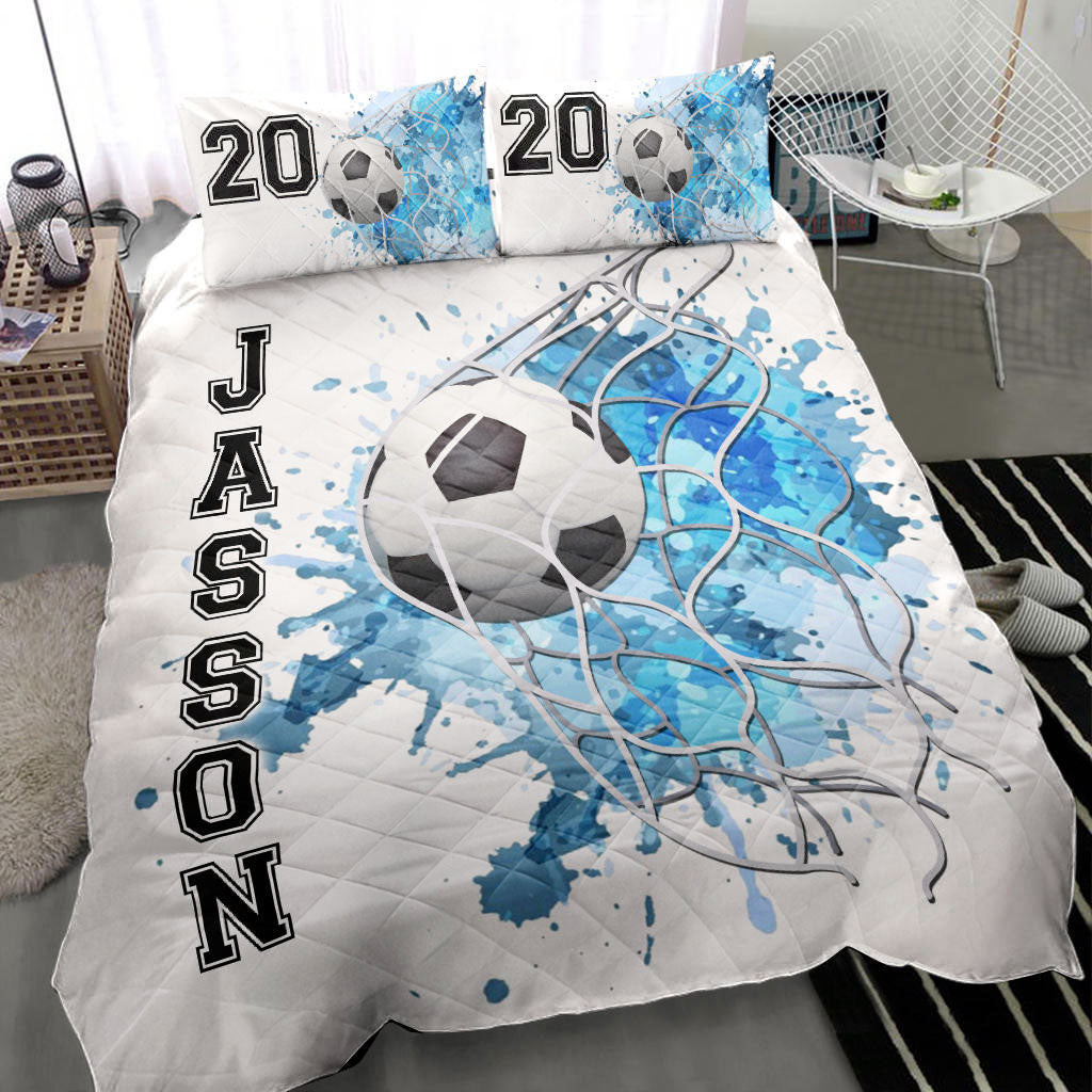 Personalized Soccer Quilt Bedding Set, Soccer Ball Blue Goal White Quilt Blanket With Pillowcases, Custom Name and Number Duvet Cover Set