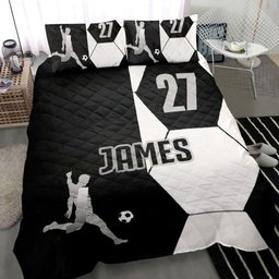Personalized Soccer Quilt Bedding Set, Soccer Boy Black White Quilt Blanket With Pillowcases, Custom Name and Number Duvet Cover Set