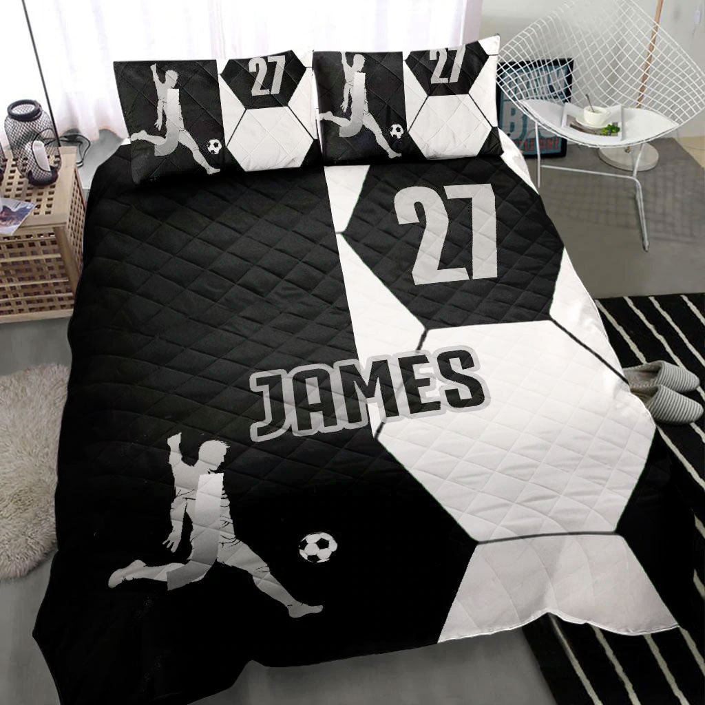 Personalized Soccer Quilt Bedding Set, Soccer Boy Black White Quilt Blanket With Pillowcases, Custom Name and Number Duvet Cover Set