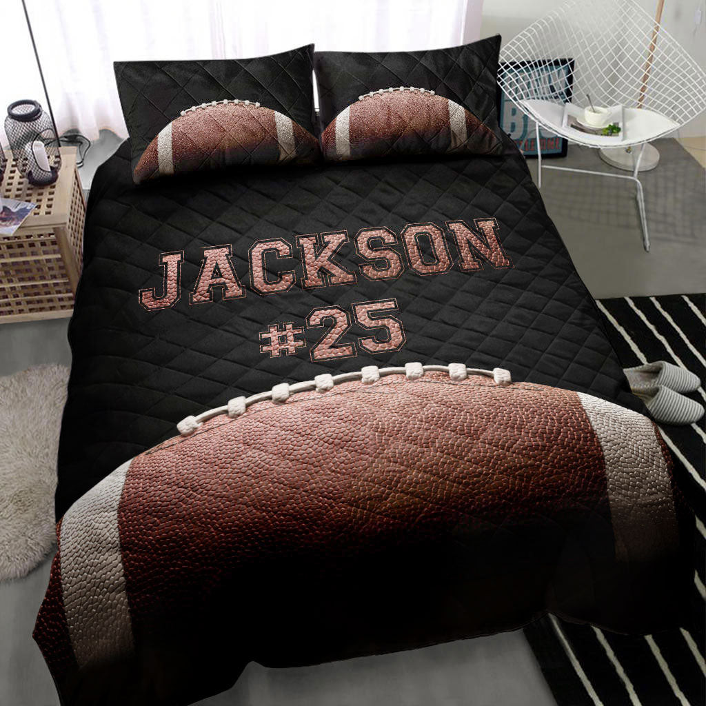 Personalized Football Quilt Bedding Set, Football Ball Enth Usiasm Black Quilt Blanket With Pillowcases, Custom Name and Number Duvet Cover Set