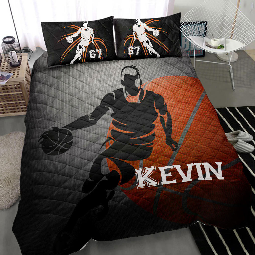 Personalized Basketball Quilt Bedding Set, Basketball Boy Posing Grey Quilt Blanket With Pillowcases, Custom Name and Number Duvet Cover Set