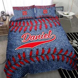 Personalized Baseball Quilt Bedding Set, Baseball Jeans Blue Quilt Blanket With Pillowcases, Custom Name and Number Duvet Cover Set, Sports Gifts
