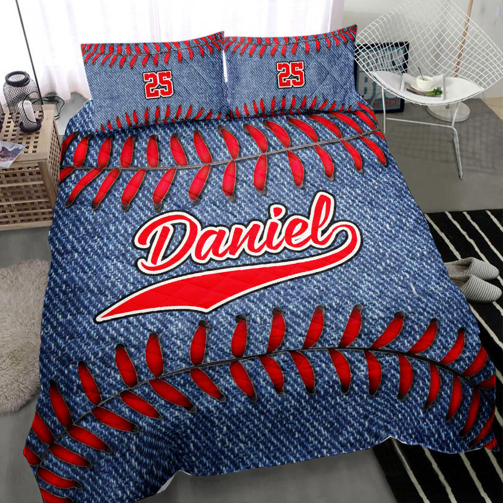 Personalized Baseball Quilt Bedding Set, Baseball Jeans Blue Quilt Blanket With Pillowcases, Custom Name and Number Duvet Cover Set, Sports Gifts